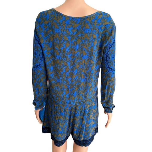 Free People Resort Romper in Electric Blue Floral Long Sleeve Blouson Size XS - Picture 5 of 10
